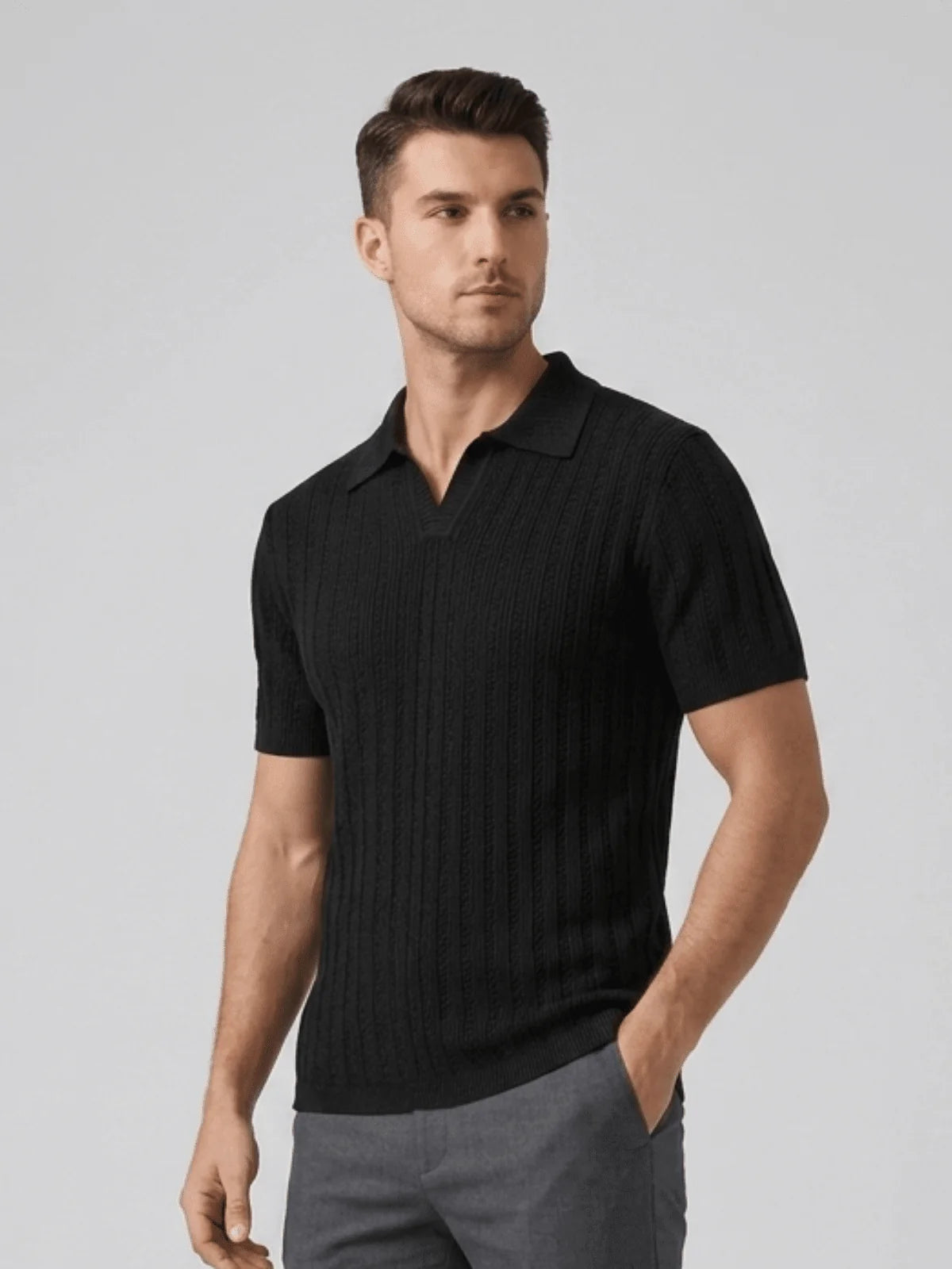 Mubique Men's Premium Textured Knit Polo Shirt - Black