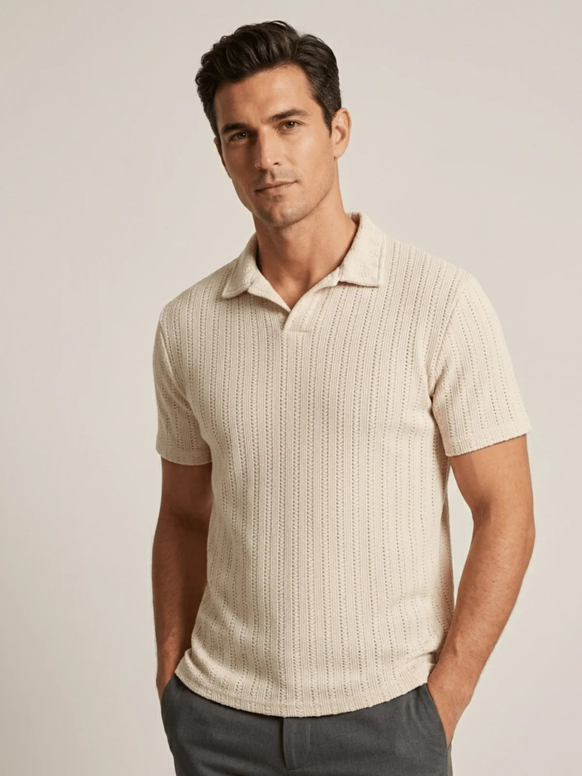 Mubique Men's Premium Textured Knit Polo Shirt - Cream Beige