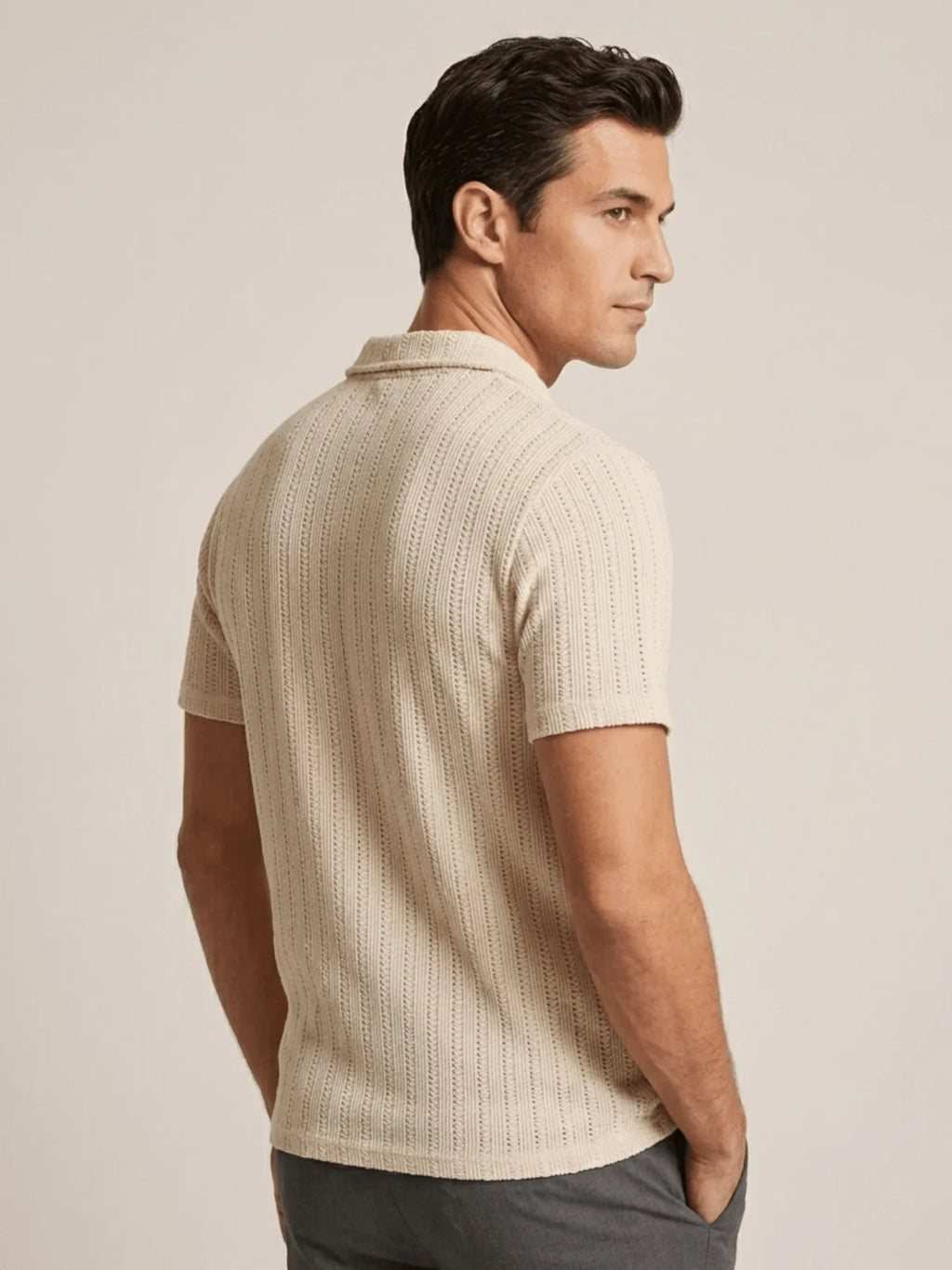 Mubique Men's Premium Textured Knit Polo Shirt - Cream Beige