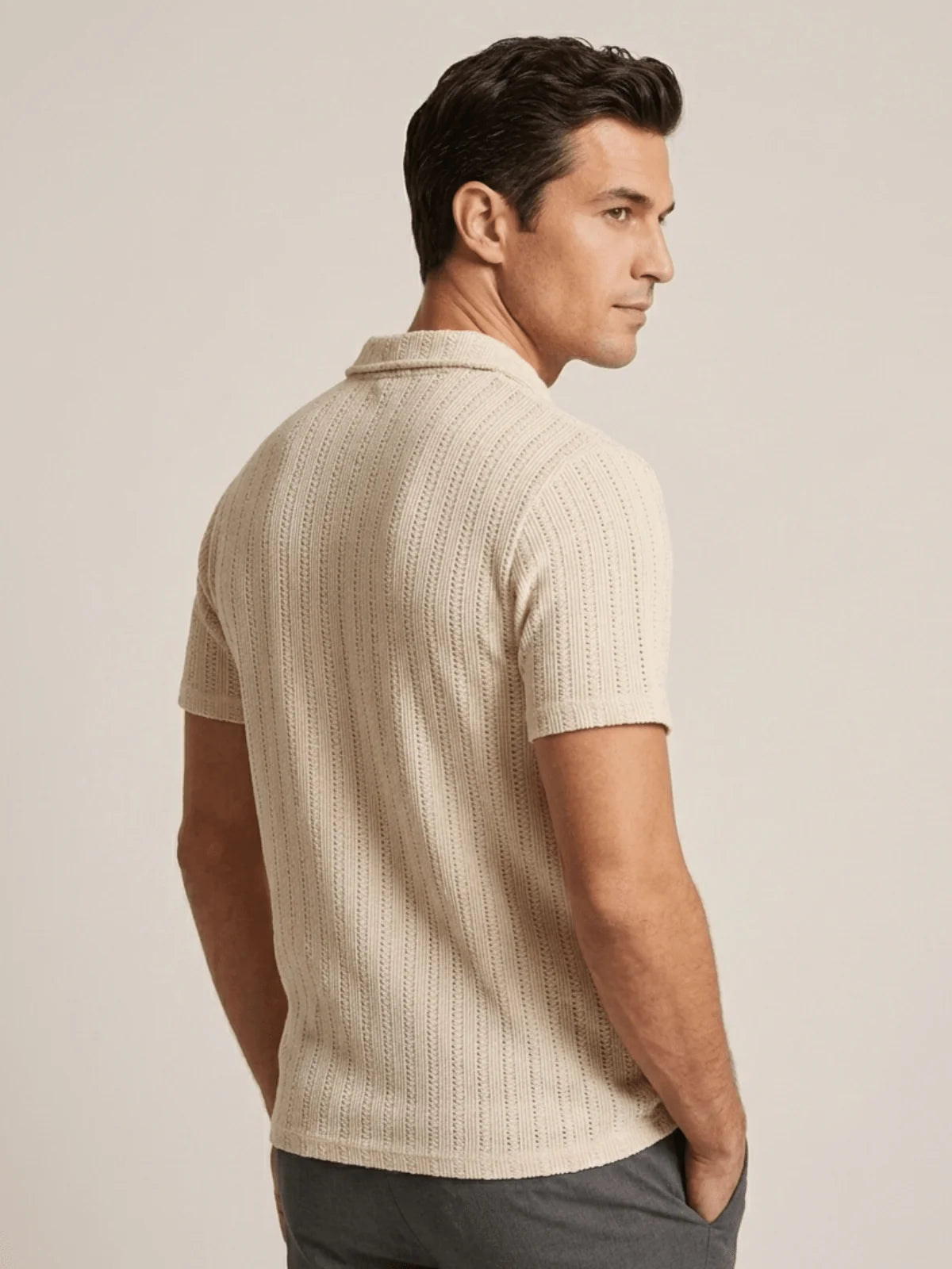 Mubique Men's Premium Textured Knit Polo Shirt - Cream Beige
