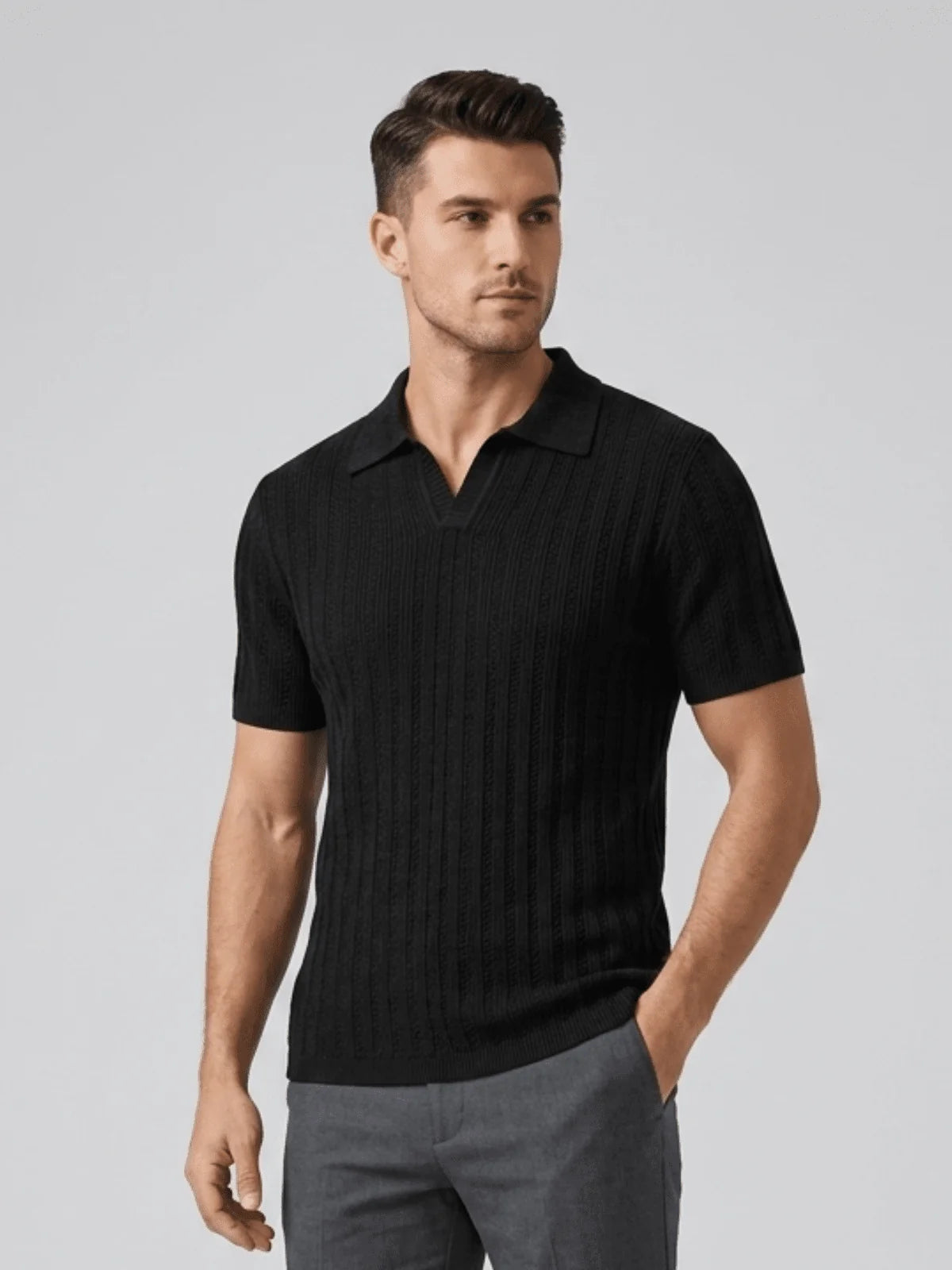 Mubique Men's Premium Textured Knit Polo Shirt - Black