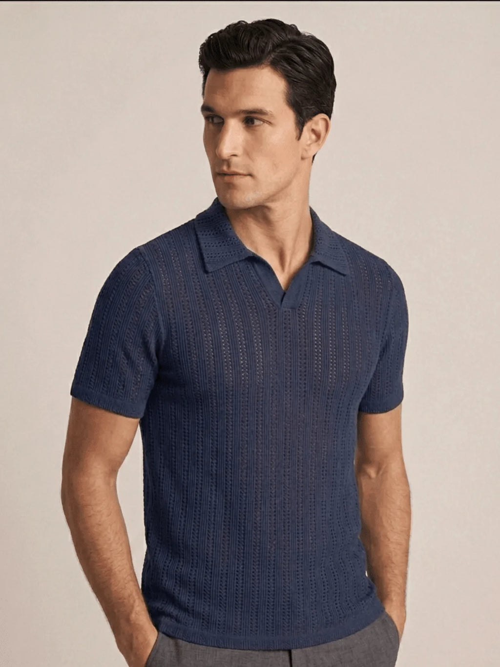 Mubique Men's Premium Textured Knit Polo Shirt - Navy Blue